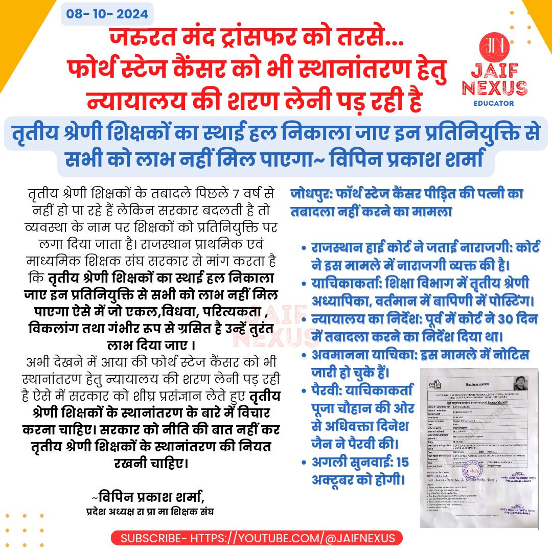 JaifNexus's tweet image. जरूरत मंद #ट्रांसफर_को_तरसे ... 
4th stage Cancer शिक्षिका को भी स्थानांतरण हेतु न्यायालय की शरण लेनी पड़ रही है
तृतीय श्रेणी शिक्षकों का स्थाई हल निकाला जाए इन #deputation से सभी को लाभ नहीं मिल पाएगा ~ विपिन प्रकाश शर्मा
@VipinPrakashSh7 @8PMnoCM @BhajanlalBjp @AshishModiIAS
