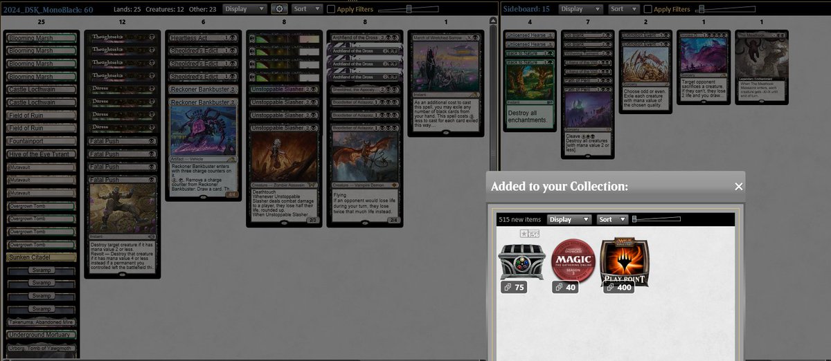 2nd in today's pioneer challenge with Seamus Kelahan's demons list👿👿👿
R1: BR Aggro 👿👿
R2: BR Aggro 😢👿👿
R3: BR Aggro 👿👿
R4: Enigmatic😢👿😢
R5: Mono Black Demons 👿😢👿
R6: Greasefang👿😢👿
R7: GW Company (Yorion) 😢😢
QF: GW Company👿👿
SF: BR Mid 👿👿
F: Greasefang😢😢