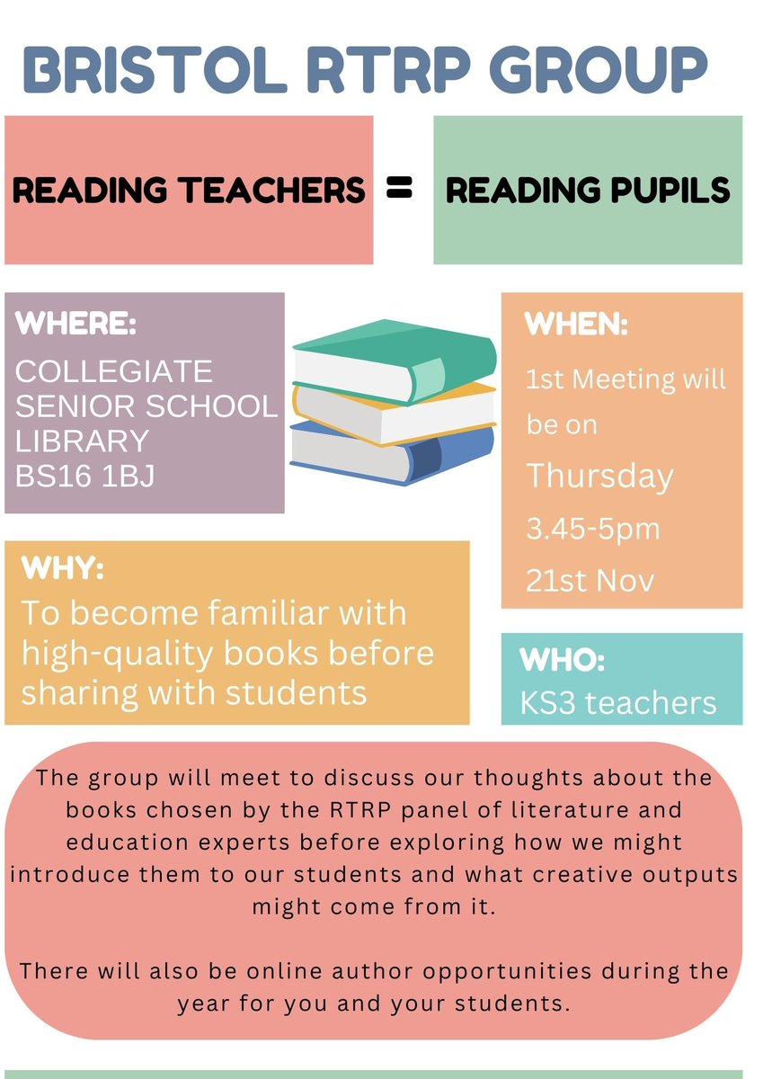 CollegiateLibs's tweet photo. Very excited to be recruiting KS3 teachers for the Bristol Reading Teachers = Reading Pupils group! If you want to know more, then please complete this form: https://t.co/erlEmbvAQK  #RTRP https://t.co/R4uTGThZXL