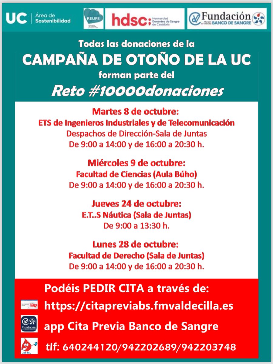 DONACIONES 🩸|

Continúa la campaña de donaciones de sangre de otoño en <a href="/unican/">Universidad de Cantabria</a> 

Todas las donaciones de octubre participan en el Reto #10000donaciones de <a href="/unisaludables/">Universidades Saludables</a> 

Hoy martes 8 de octubre puedes pasarte a donar por la <a href="/ETSIIT_UNICAN/">ETSIIT_UNICAN</a> (sala juntas y despachos de dirección)