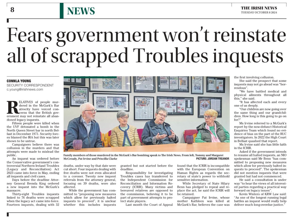 KRWLaw's tweet photo. Fears that Government won’t reinstate all inquests. 

An inquest into the McGurk’s Bar bombing had been had been ordered by the Attorney General days before the Legacy Act deadline. 

https://t.co/YX5ZEsLzCV https://t.co/6pHhY4u17z