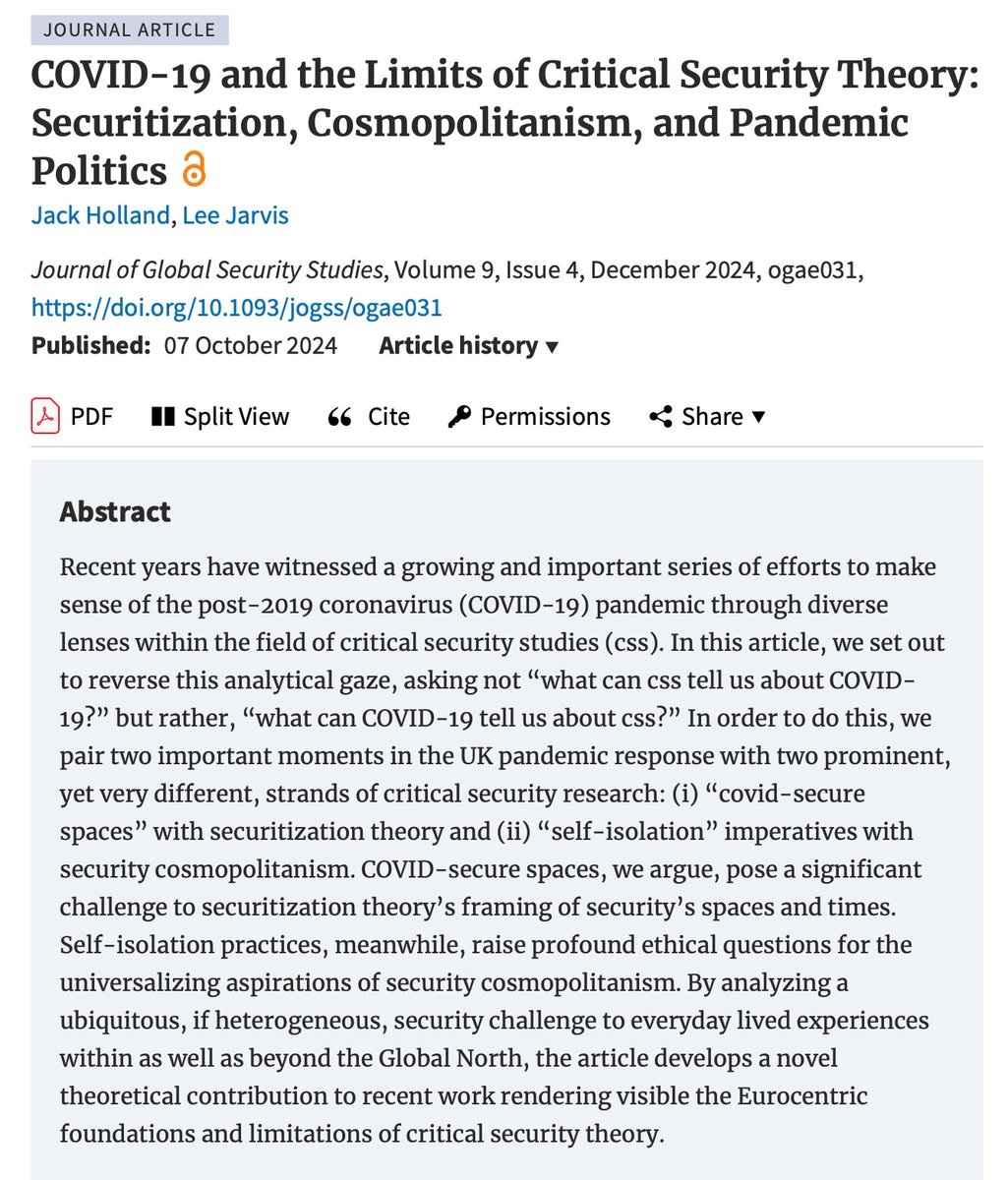 Lee Jarvis (@leejarvispols) on Twitter photo New <a href="/Journal_of_GSS/">JournalofGlobSecStud</a> article with @DrJackHolland on COVID-19 and critical security studies. What can the pandemic tell us about securitization theory? What can it tell us about cosmopolitan approaches to security? Available - open access - here: academic.oup.com/jogss/article/… New <a href="/Journal_of_GSS/">JournalofGlobSecStud</a> article with @DrJackHolland on COVID-19 and critical security studies. What can the pandemic tell us about securitization theory? What can it tell us about cosmopolitan approaches to security? Available - open access - here: academic.oup.com/jogss/article/…