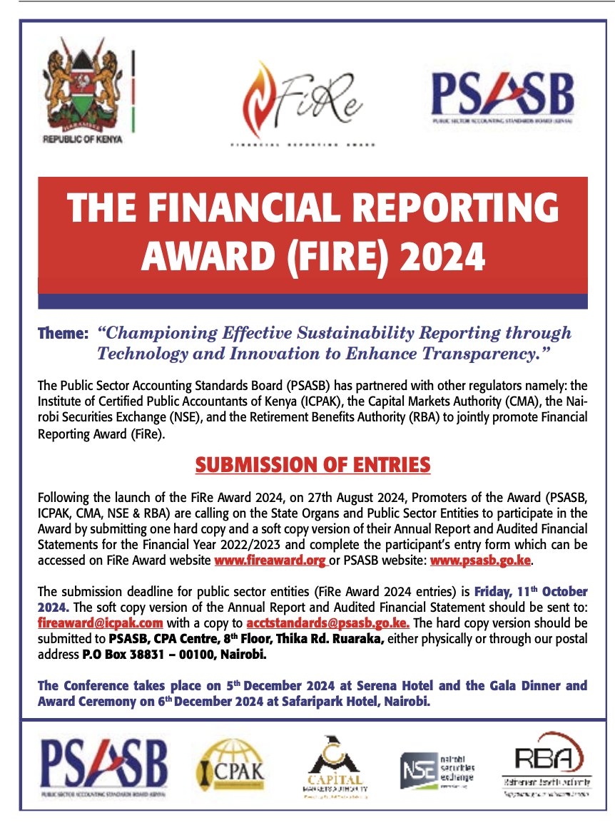 MwangoCapital's tweet photo. The deadline for submissions of Annual Reports and Audited Financial Statements for the Financial Reporting Award (FiRe) 2024 awards is set for this Friday, 11th October 2024.

Learn more: https://t.co/pfutDU7Lgw https://t.co/34NqpNxx7d
#FiReAward https://t.co/VmuVQRPW8w
