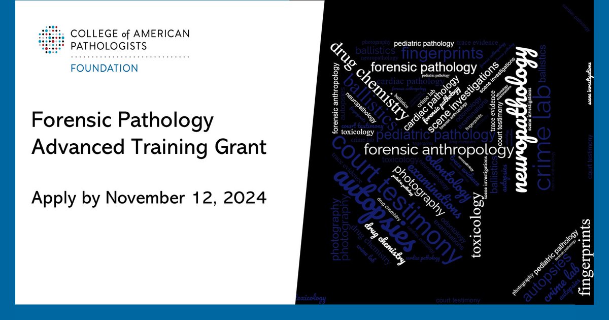 CAP Foundation (@capfndn) on Twitter photo Four-week rotation for pathology residents interested in learning more about forensic pathology, its application, and career options. Training to take place in 2025. Apply by November 12.
<a href="/SSimalchik/">Stephen Simalchik</a>
<a href="/The_AAFS/">American Academy of Forensic Sciences</a>
<a href="/theNAME1966/">NAME</a> Four-week rotation for pathology residents interested in learning more about forensic pathology, its application, and career options. Training to take place in 2025. Apply by November 12.
<a href="/SSimalchik/">Stephen Simalchik</a>
<a href="/The_AAFS/">American Academy of Forensic Sciences</a>
<a href="/theNAME1966/">NAME</a>