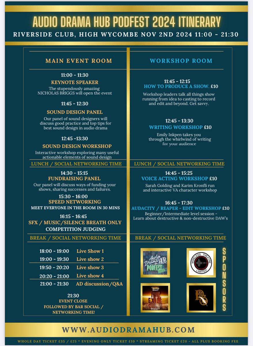 Have you #Audiodrama folks got your tickets yet? For the #ADHPodfest?

Jump in!

🩵Here’s what you will be able to enjoy🩵

Workshop leaders and panels announced this week🌞

audiodramahub.com