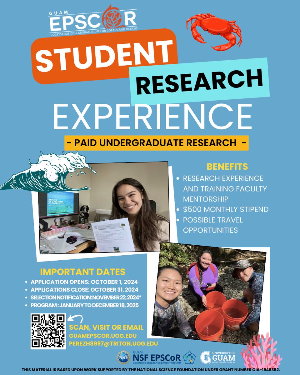 🔬 Are you a Guam student interested in groundbreaking research? The Guam NSF EPSCoR Student Research Experience is now open for applications! 💡 Gain hands-on experience, work with leading researchers, and make a difference. Don’t miss this opportunity!