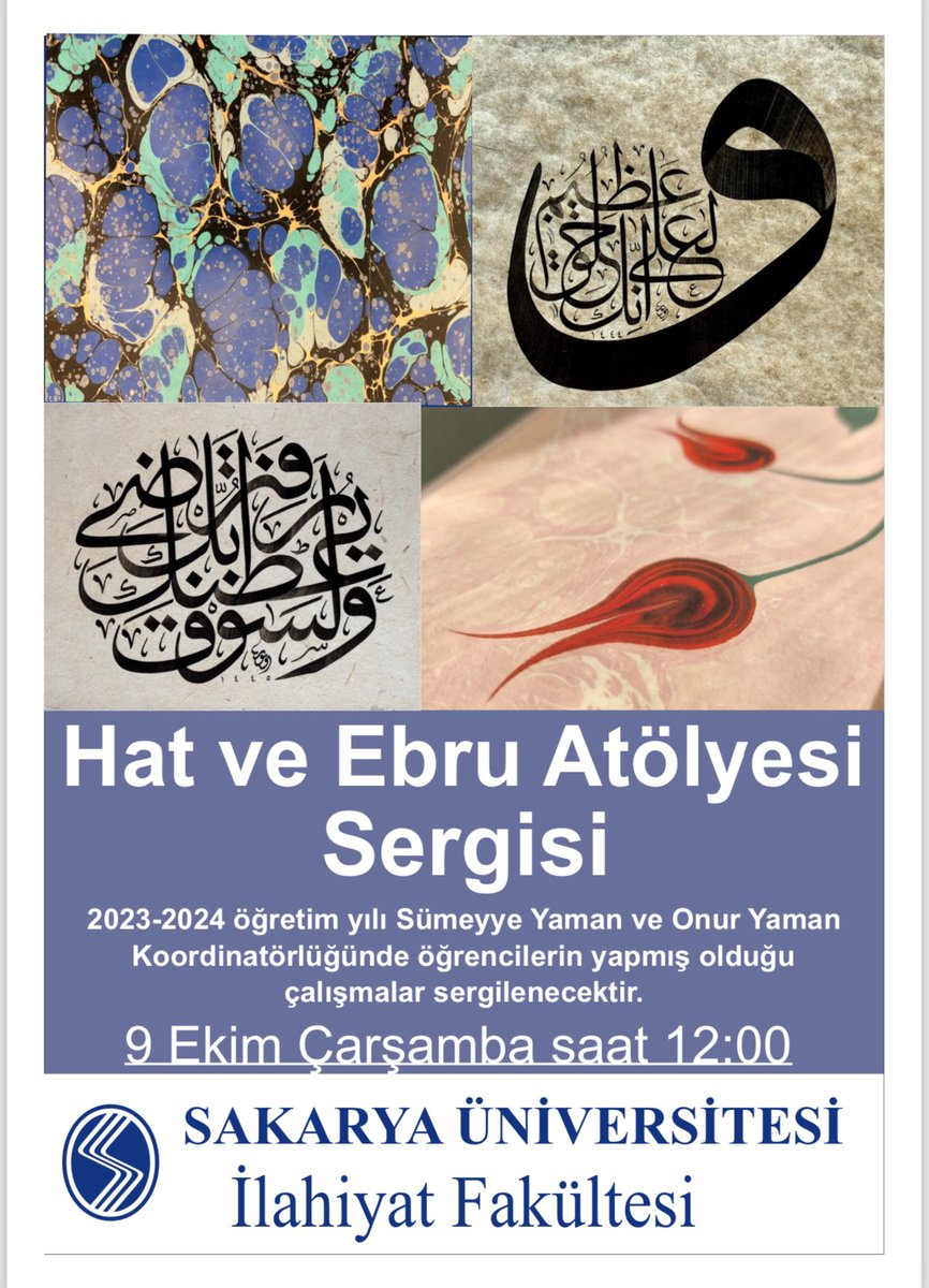 Fakültemiz öğrencilerinin Arş. Gör. Sümeyye Yaman ve Onur Yaman Koordinatörlüğünde hazırladıkları Hat ve Ebru Sergisi yarın (9 Ekim 2024) sergilenecektir.