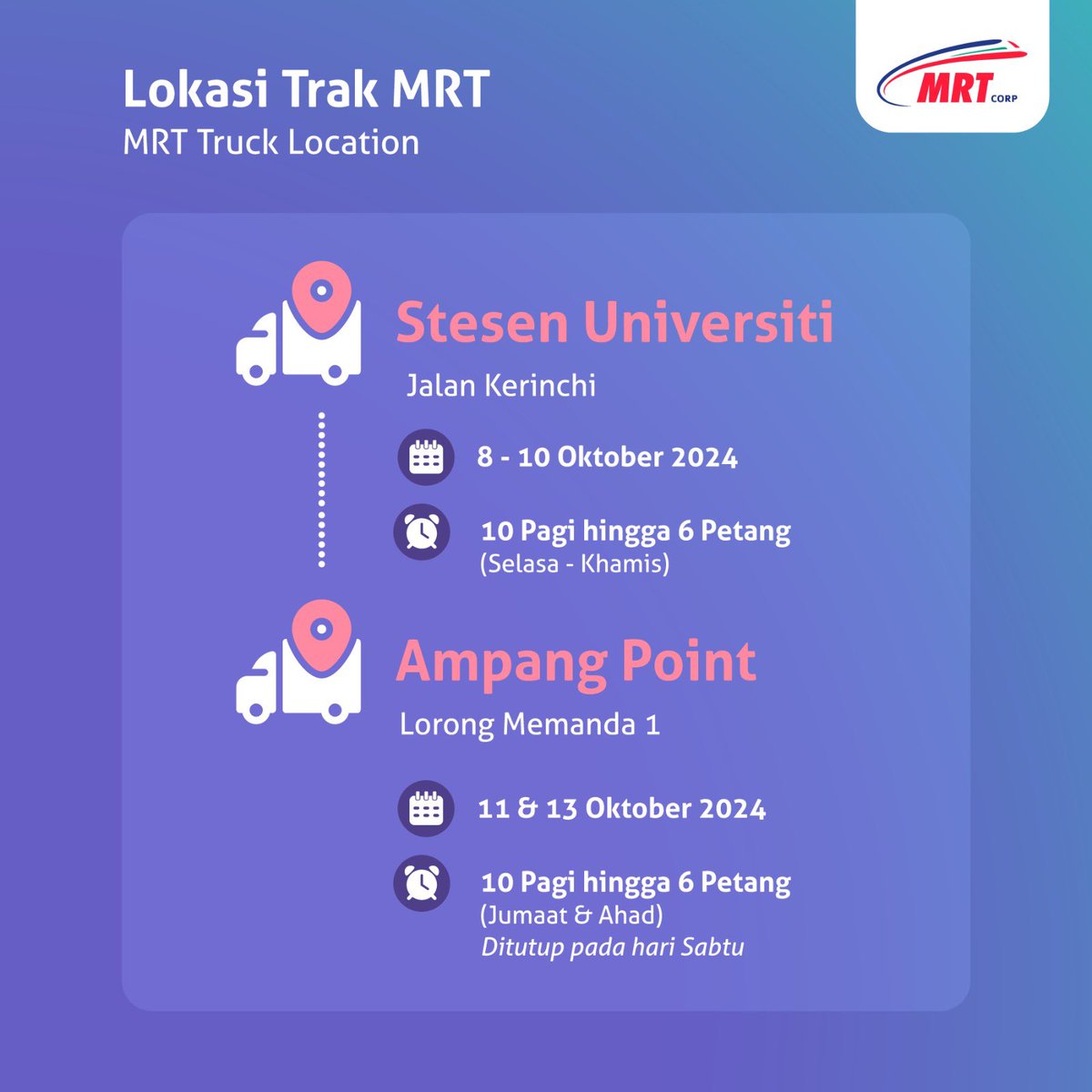 MRTMalaysia's tweet photo. Ini adalah jadual Trak Informasi Pemeriksaan Awam Laluan Lingkaran (MRT3)!
Kunjungi kami di lokasi trak minggu ini untuk mengetahui lebih lanjut tentang Laluan Lingkaran (MRT3) atau layari laman mikro kami.
#JOMNAIKMRT #MRT3 #CircleLineMRT3 #PemeriksaanAwam https://t.co/vFELmXeS1K