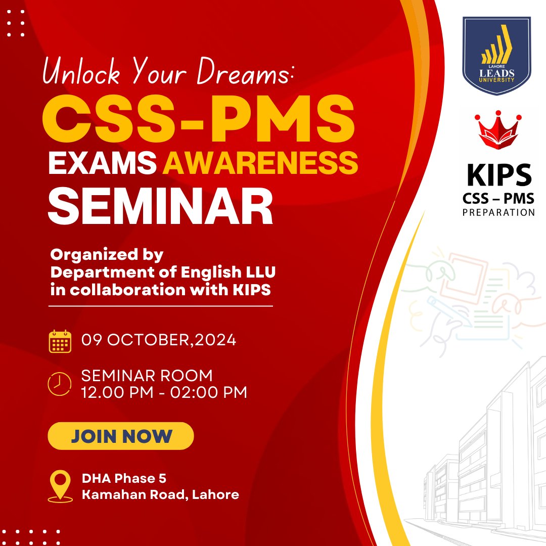 LeadsOfficial's tweet image. Join us to explore opportunities, strategies and expert guidance for success in CSS and PMS exams.
Enhance your knowledge, boost your confidence and kickstart your journey to a prestigious career in public service!

#LLU #LahoreLeadsUniversity #CSSExam #PMSEexam #kipsinstitute