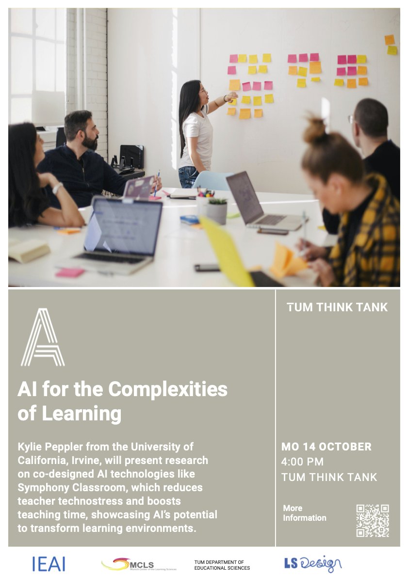 TUM EdTech Center (@tum_edtech) on Twitter photo On October 14, 4 p.m., Kylie Pepper from <a href="/UCIrvine/">UC Irvine</a> will speak about #AI that understands the #complexities of the #LearningEnvironment at @TUMThinkTank. Register here: eveeno.com/kyliepeppler <a href="/IEAITUM/">Institute for Ethics in Artificial Intelligence</a> <a href="/akeune/">Anna Keune</a> On October 14, 4 p.m., Kylie Pepper from <a href="/UCIrvine/">UC Irvine</a> will speak about #AI that understands the #complexities of the #LearningEnvironment at @TUMThinkTank. Register here: eveeno.com/kyliepeppler <a href="/IEAITUM/">Institute for Ethics in Artificial Intelligence</a> <a href="/akeune/">Anna Keune</a>