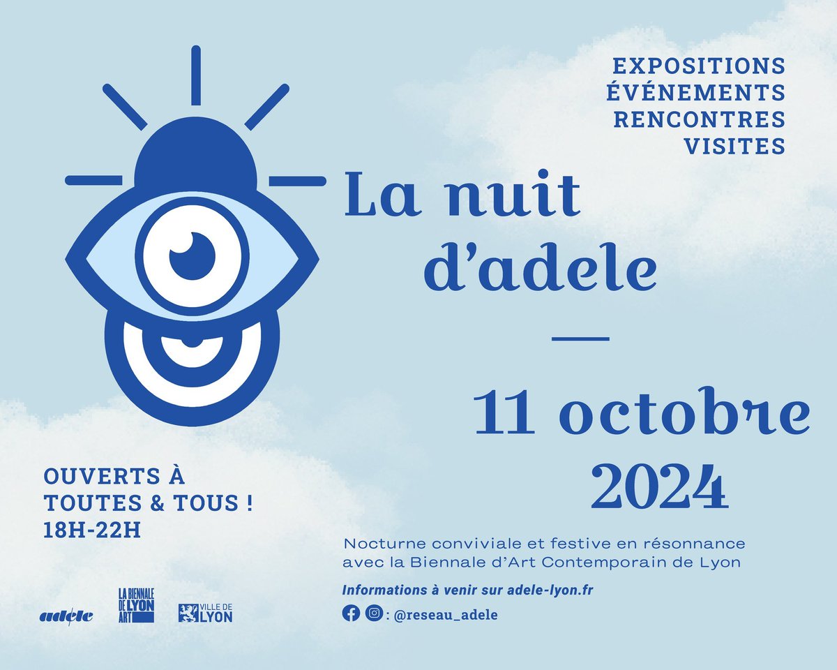Musée d’art contemporain de Lyon (@maclyon) on Twitter photo 🎉 C’est la nuit d’Adele - réseau d'art contemporain ce vendredi !
Vendredi 11 octobre de 18h à 22h, Adele organise son premier événement de la saison : la Nuit d'Adele, une nocturne conviviale et festive, en résonance avec <a href="/BiennaleLyon/">Biennale de Lyon</a>.
👉 Au programme : adele-lyon.fr/#!agenda/evene… 🎉 C’est la nuit d’Adele - réseau d'art contemporain ce vendredi !
Vendredi 11 octobre de 18h à 22h, Adele organise son premier événement de la saison : la Nuit d'Adele, une nocturne conviviale et festive, en résonance avec <a href="/BiennaleLyon/">Biennale de Lyon</a>.
👉 Au programme : adele-lyon.fr/#!agenda/evene…