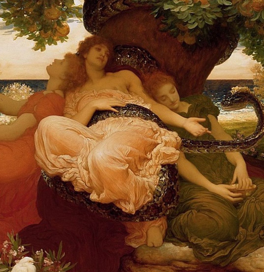 PreRaphSoc's tweet photo. The Garden of the Hesperides, from Greek Mythology, for this week’s #TuesdayTale.
Hera’s orchard produces golden apples. The Hesperides (Nymphs of the evening) were given the task of tending to the grove, but occasionally picked apples from it themselves. https://t.co/4vWxlYjEhO