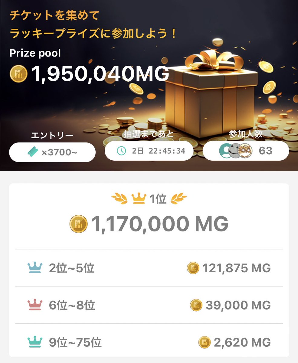 【残り2日】
#MintTown 新機能ラッキープライズ！第1回終了まで残り2日✨
75枠ある中、参加者63人なので今ならエントリーで必ず当たる🤣🎯
75人に達しても高確率で当たる🤣！！

オススメ広告は引用元リプ欄をチェック✅