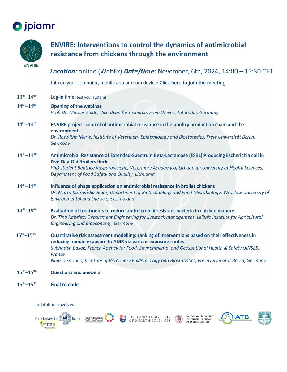 📢Webinar Announcement from our associate project #ENVIRE!
ENVIRE: Interventions to control the dynamics of antimicrobial resistance from chickens through the environment
🗓️ November, 6th, 2024, 14:00 – 15:30 CET
▶️Join the webinar: tinyurl.com/mwv48ukw
<a href="/LeibnizATB/">Leibniz-Institut für Agrartechnik und Bioökonomie</a>