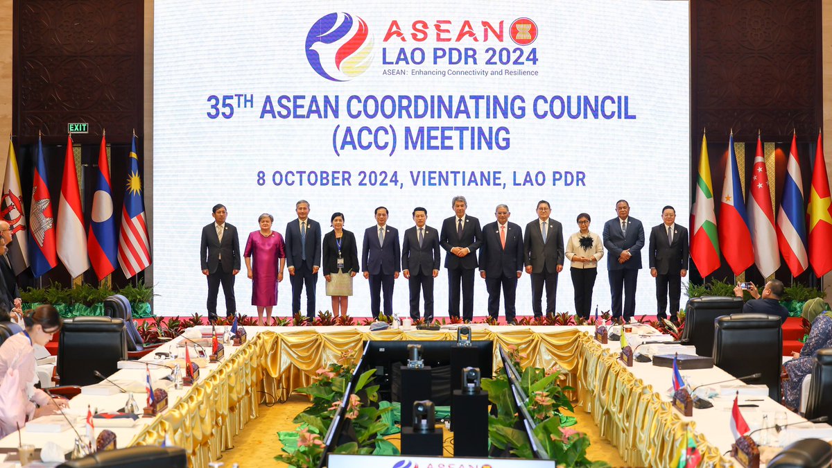 ASEAN's tweet photo. Secretary-General of ASEAN, Dr. Kao Kim Hourn, today attended the 35th ASEAN Coordinating (ACC) Council Meeting at the National Convention Center in Vientiane, Lao PDR.
During the meeting, Dr. Kao briefed the Ministers on the progress achieved in the work of ASEAN and that of the ASEAN Secretariat. The Meeting also discussed and finalized remaining issues in preparations for the upcoming 44th and 45th ASEAN Summits and Related Summits.