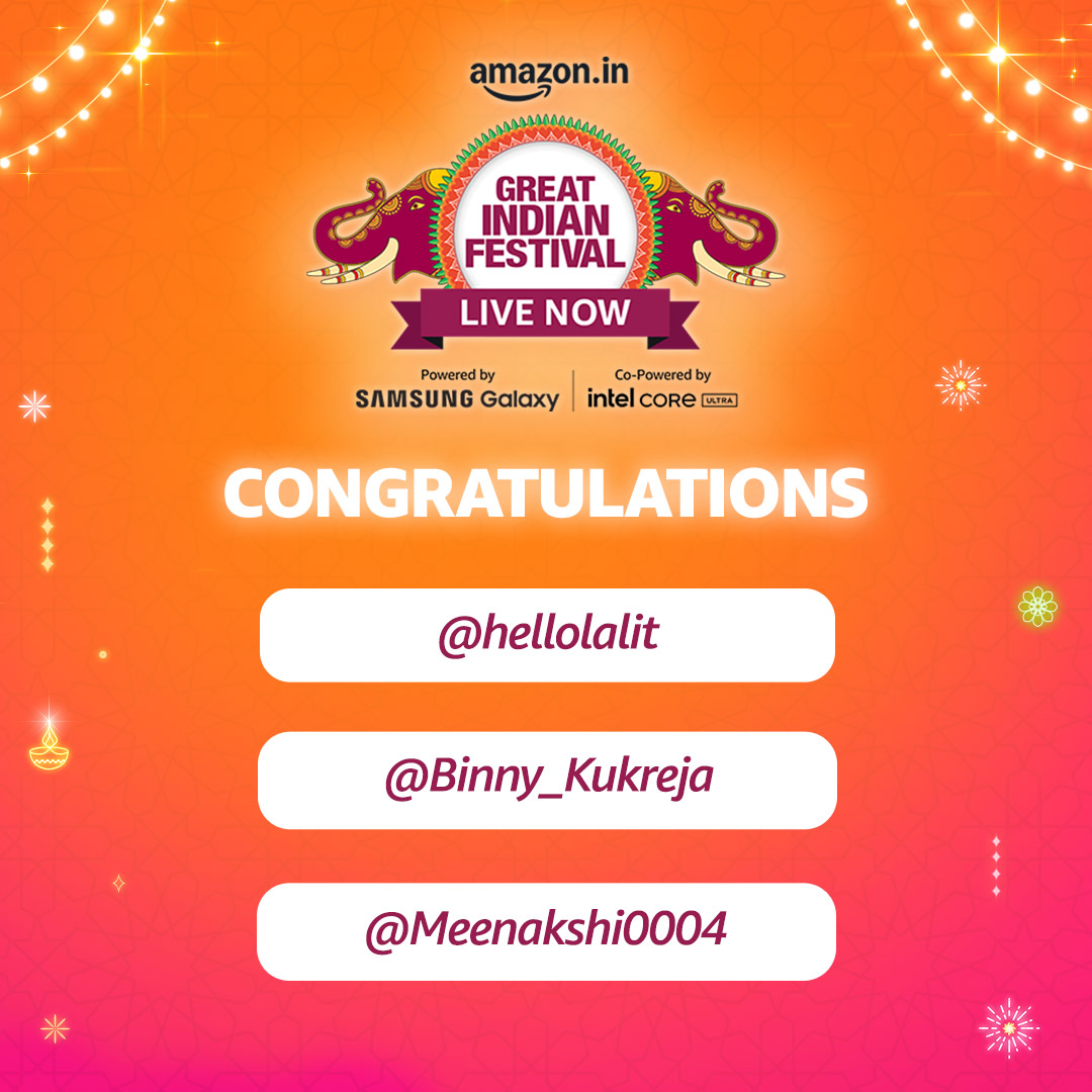 amazonIN's tweet image. Congratulations to the winners of the #AmazonGreatIndianFestival #AmazonEchoShow(2nd Gen) contest. Kindly DM us your details to claim the prize.

@hellolalit
@Binny_Kukreja
@Meenakshi0004
