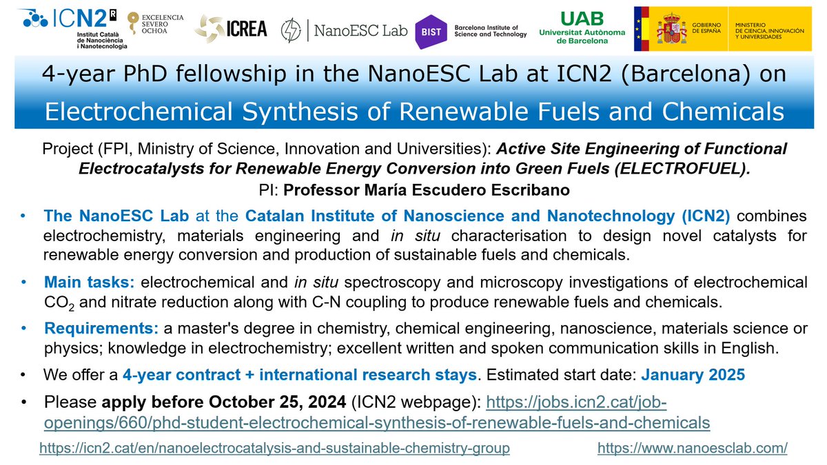 NanoESC Lab (@nanoelectrocat) on Twitter photo WE ARE HIRING! Are you passionate about #electrochemical solutions for the green transition? Apply for a 4-year #PhD #fellowship in our research group <a href="/icn2nano/">Catalan Institute of Nanoscience & Nanotechnology</a> on electrosynthesis of #renewable fuels and chemicals! ⚡️👩🏻🔬🔬
Deadline: 25 Oct!
#sustainability
jobs.icn2.cat/job-openings/6… WE ARE HIRING! Are you passionate about #electrochemical solutions for the green transition? Apply for a 4-year #PhD #fellowship in our research group <a href="/icn2nano/">Catalan Institute of Nanoscience & Nanotechnology</a> on electrosynthesis of #renewable fuels and chemicals! ⚡️👩🏻🔬🔬
Deadline: 25 Oct!
#sustainability
jobs.icn2.cat/job-openings/6…