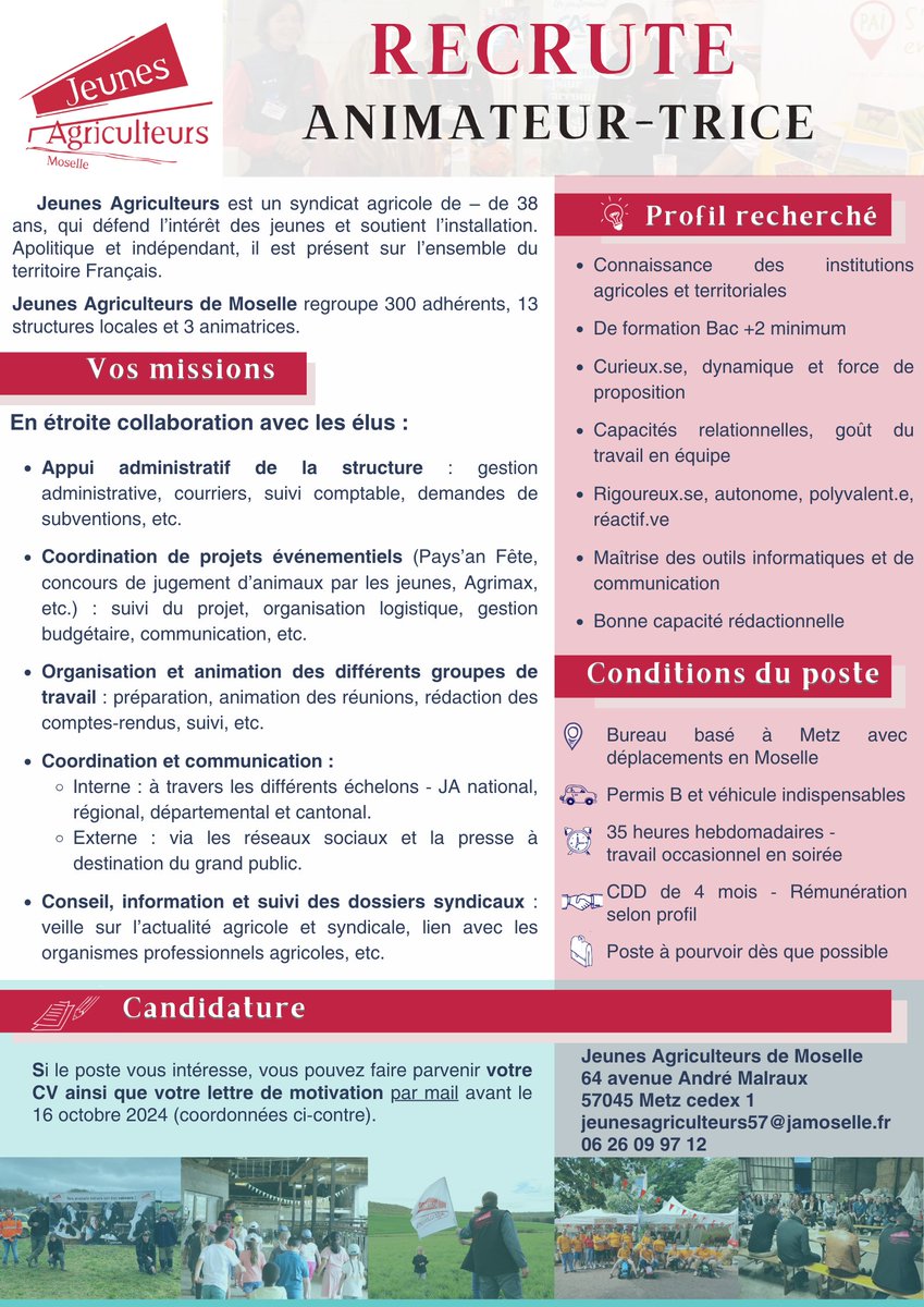 Les JA57 recrutent un.e animateur.trice !

💼 CDD de 4 mois
🕑 35h hebdomadaires
🏢 Bureau basé à Metz
🚗 Déplacements en Moselle prévus, permis B et véhicule indispensables

Envoyez votre CV et lettre de motivation par mail avant le 16/10

📧 jeunesagriculteurs57@jamoselle.fr