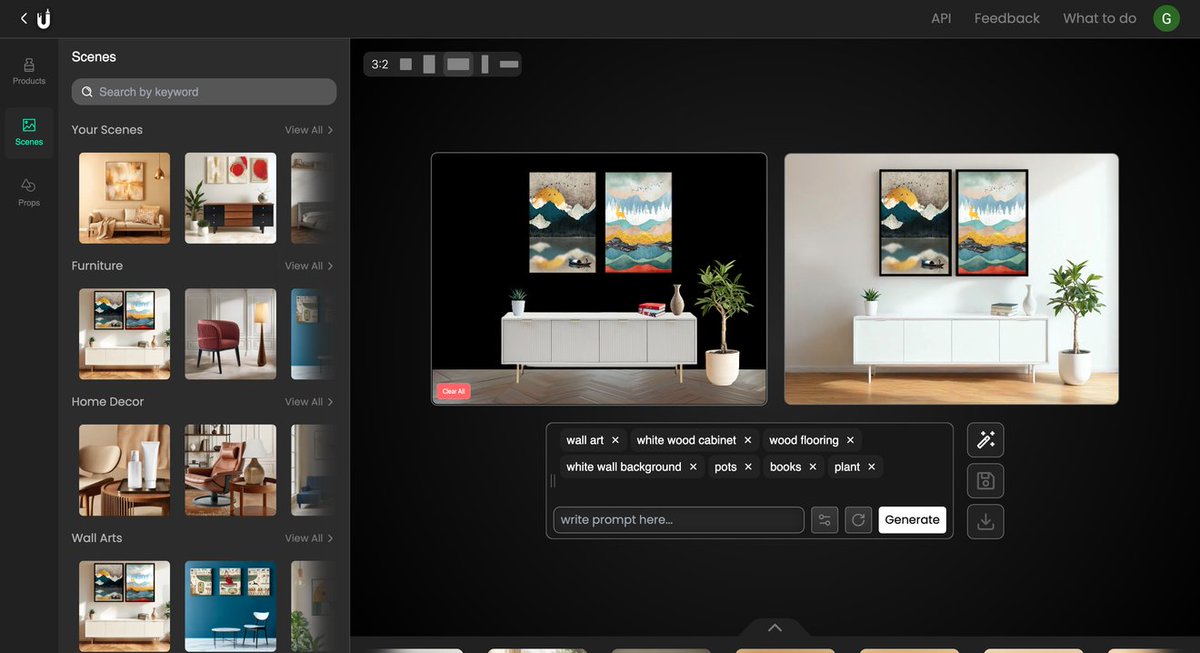 UnstudioAI's tweet photo. 🖼️ New Canvas 
Our working area became cleaner and simpler to use, with two canvases: Left one for input, and right for output.  

📸 Custom Ratio
Need a perfect 16:9 or 2:3 shot? Adjust your image ratio on the fly.

🎨 More Scenes & Props
We added tons of templates, and even more props. 

Explore endless possibilities!