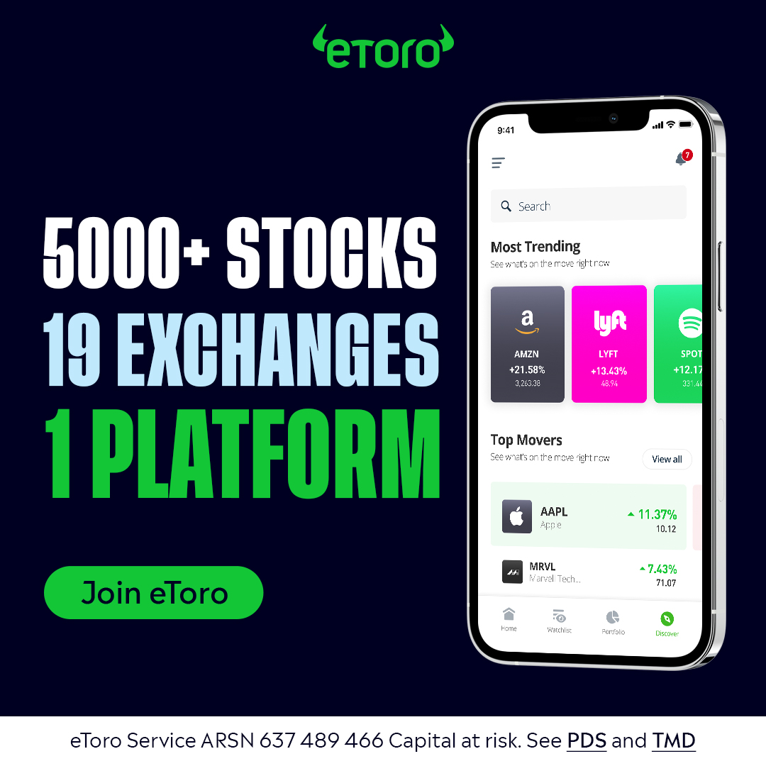 eToro's tweet photo. 5000+ stocks. 19 exchanges. 1 platform. Join eToro and invest with confidence today!