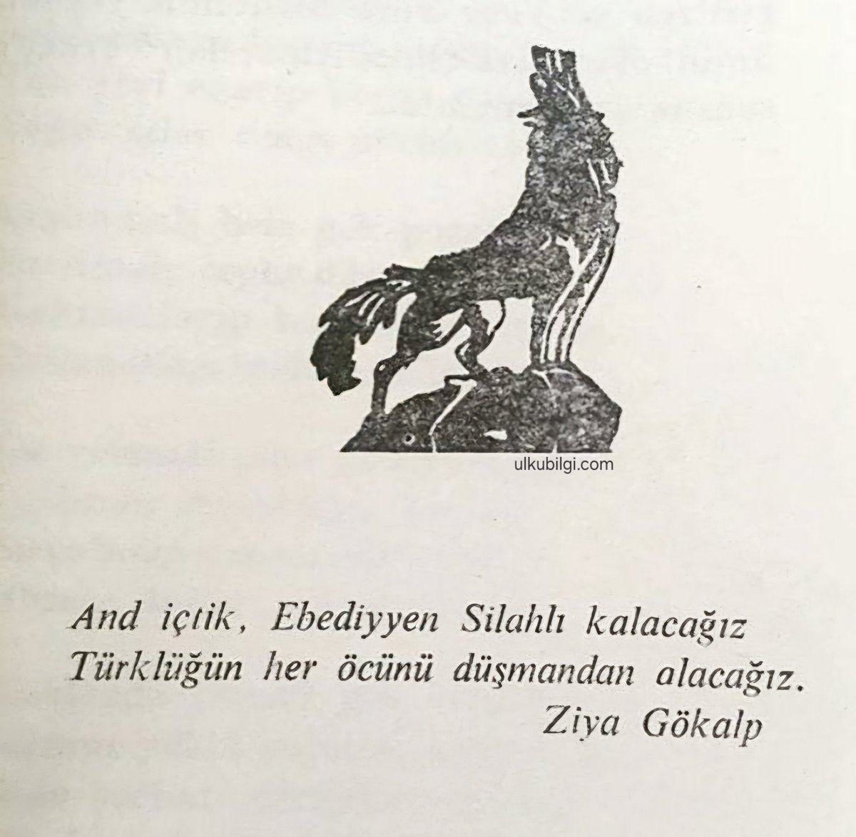 “And içtik, ebediyyen silahlı kalacağız,
Türklüğün her öcünü düşmandan alacağız.”

Ziya Gökalp