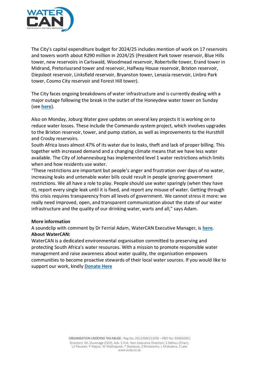 📰🚨:"As Day Zero looms in Joburg, the news of the City’s 42 leaking reservoirs underlines the need for transparency."  

Read Statement Here: watercan.org.za/half-the-jobur…