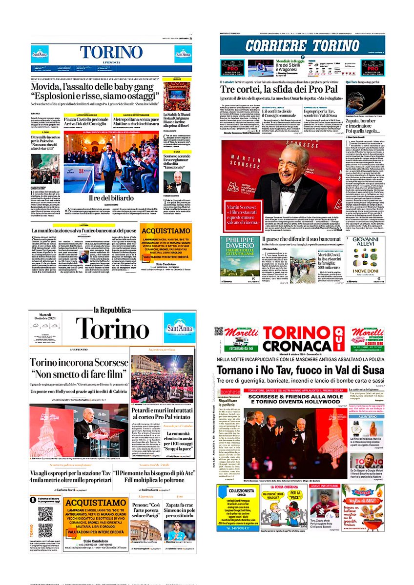 Le prime pagine di Torino, martedì 8 ottobre 2024: movida, l'assalto delle baby gang; tre cortei, la sfida dei Pro Palestina; Torino incorona Scorsese; tornano i No Tav, fuoco in Val di Susa. #leprimeditorino