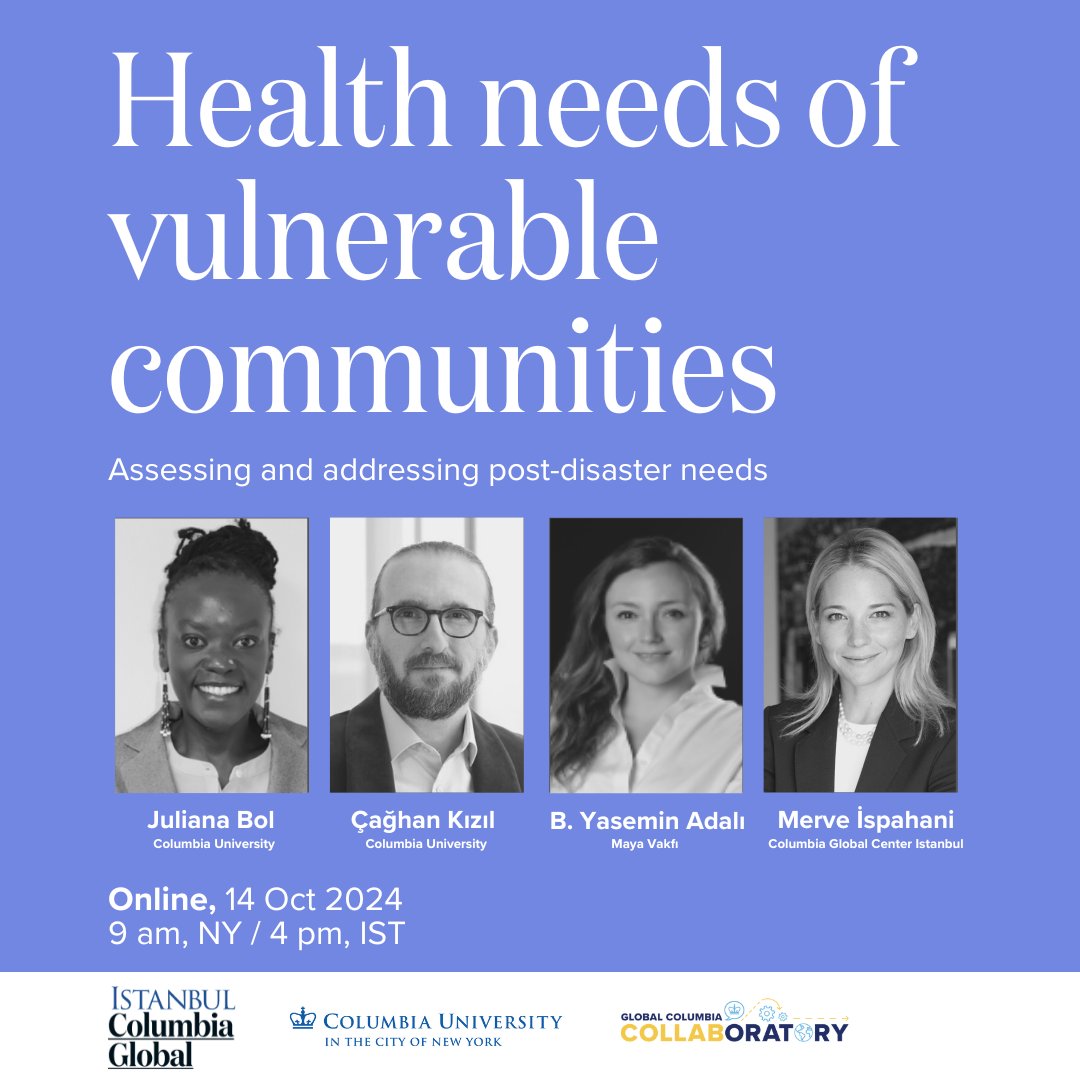 🗓️ Join us for a seminar on addressing health needs in vulnerable communities after disasters, with a focus on Türkiye's earthquake recovery. 
🏥 Various resilience strategies will be discussed by experts. 🌍

🔗 Register here: tinyurl.com/hhzu4jyf
#DisasterRecovery #Türkiye