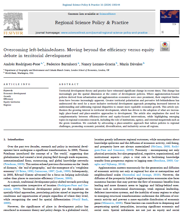 Interested in how thinking about moving beyond the #efficiency vs. #equitivy debate and overcoming left-behidedness has evolved in the last decade?
Look no further than my new article with <a href="/f_bartalucci/">Federico Bartalucci</a>, <a href="/nlginspace/">Nancy Lozano</a> &amp; Dávalos, out today in <a href="/RSPP_RSAI/">Regional Science Policy & Practice (RSPP)</a>.
doi.org/10.1016/j.rspp…