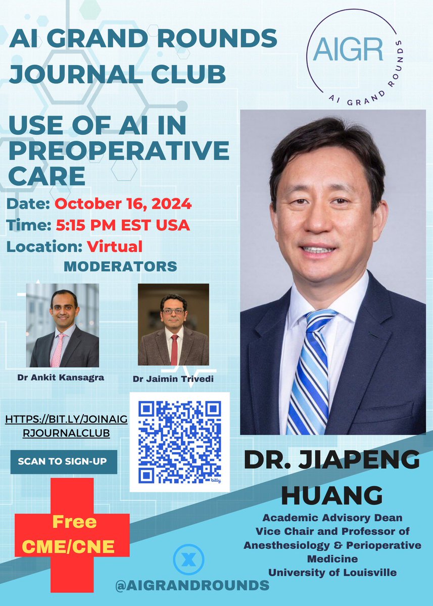 Please join us for the inaugural <a href="/AIGrandRounds/">AI Grand Rounds</a> journal club with <a href="/jiapenghuang/">Jiapeng Huang</a>. Free CME event. Details to register 👇🏽