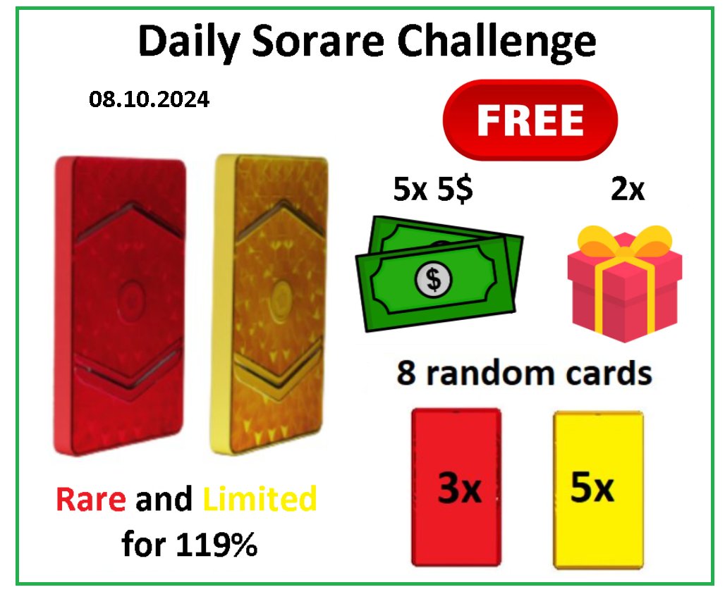 Its time for #Sorare Challenge 08.10.2024.

1⃣ 3 Rare and 5x Limited Cards for 8 random people who make at least one transaction with me within 24 hours.
2⃣ Swap all my Rare/Limited Cards for 119% of Your cards value.🔥
3⃣🆓5x5$ and 2 Suprise prizes🎁 for random people - just