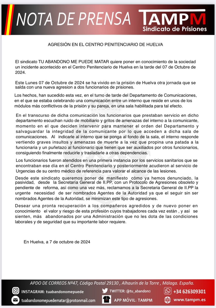 TAMPM_Huelva's tweet photo. En el día de ayer se ha producido una nueva Agresion en el CP Huelva que ha terminado con dos funcionari@s en el hospital.
#stopagresiones #agentesautoridad #MarlaskaDimision @SubGobHuelva @huelva_info @canalsurhuelva @huelvaHOYcom @HuelvaBN @Huelvatv @huelvaya @DiarioHuelva https://t.co/zAtQKZagOg