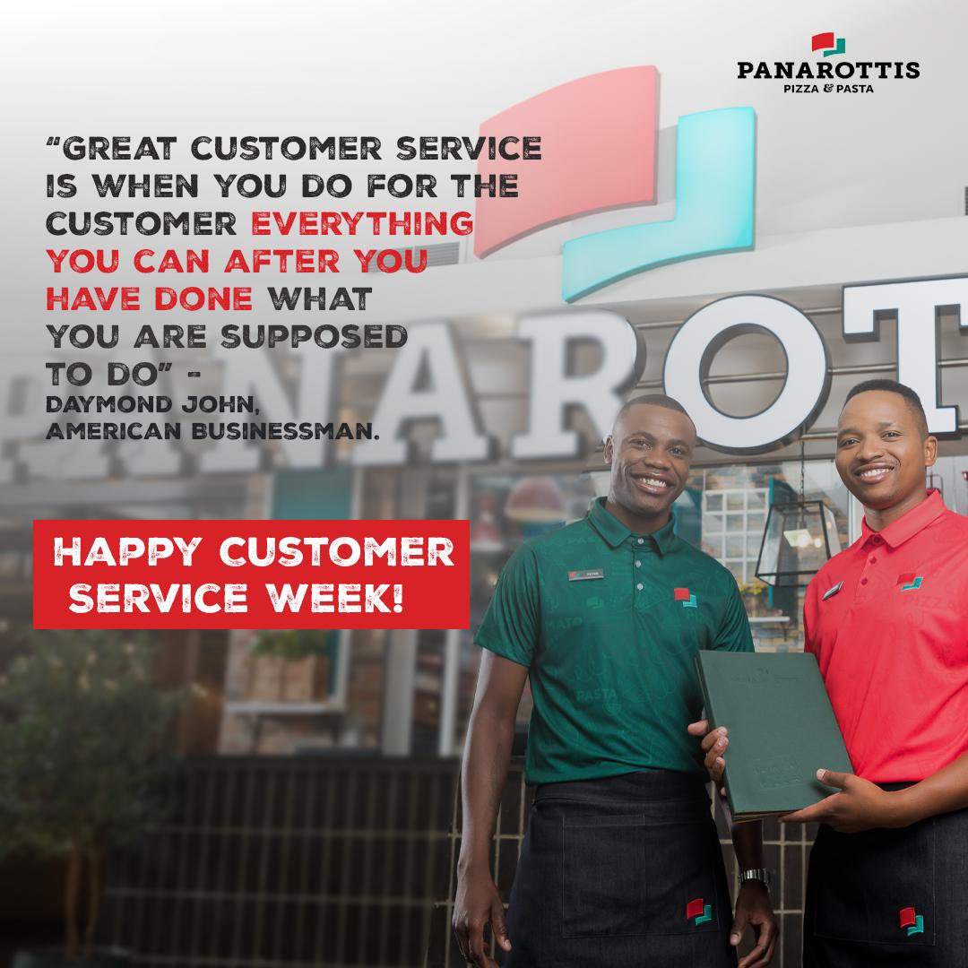 PanarottisNg's tweet photo. Happy Customer Service Week!

We are committed to serving you with joy and gratitude. 

Thank you for being part of our family and for making Panarottis your choice!

#CustomerServiceWeek #ThankYou #PanarottisFamily #ServingWithASmile #WeAppreciateYou  #PanarottisNigeria https://t.co/cLjTsV6Aw6