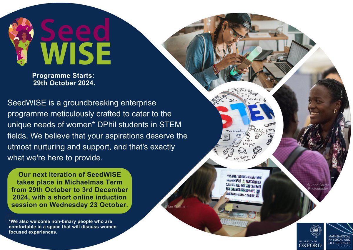 MPLSOxford (@mplsoxford) on Twitter photo Calling all women DPhil students in STEM!
Unlock your potential with SeedWISE, our tailored enterprise programme designed to illuminate diverse career paths in academia, industry, and beyond. <a href="/EntWomenOx/">Enterprising Women Oxford</a>
📅 23 Oct - 3rd Dec
Register 👉 ow.ly/GapO50TFT9y Calling all women DPhil students in STEM!
Unlock your potential with SeedWISE, our tailored enterprise programme designed to illuminate diverse career paths in academia, industry, and beyond. <a href="/EntWomenOx/">Enterprising Women Oxford</a>
📅 23 Oct - 3rd Dec
Register 👉 ow.ly/GapO50TFT9y