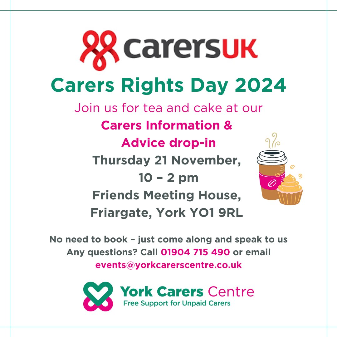 Healthwatch York (@healthwatchyork) on Twitter photo Don't miss Carers' Rights Day on 21 November. Join York Carers Centre for tea and cake at York's Friends Meeting House, 10am - 2pm, find out more and get advice. <a href="/yorkcarers/">York Carers Centre</a> Don't miss Carers' Rights Day on 21 November. Join York Carers Centre for tea and cake at York's Friends Meeting House, 10am - 2pm, find out more and get advice. <a href="/yorkcarers/">York Carers Centre</a>