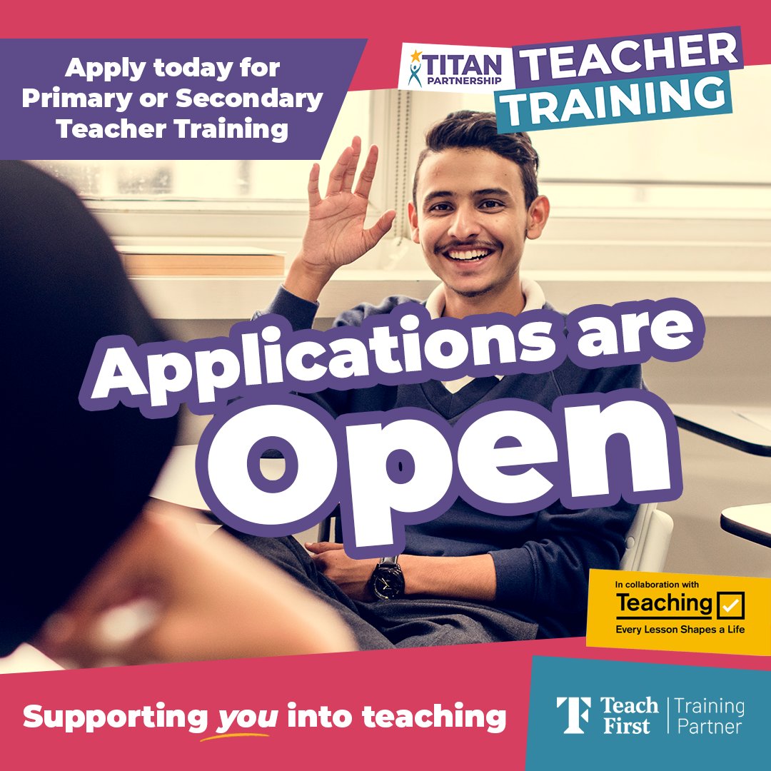 Applications are now open! 

From today, you can apply to train to become a teacher in #Birmingham 

Our supportive school-led programme gives you Qualified Teacher Status with a PGCE.

Apply today 👇
titanteachertraining.co.uk/apply-now/
