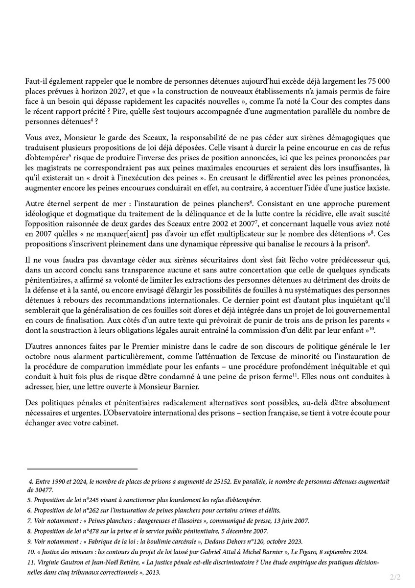 Hier, l'OIP s'adressait au Premier ministre pour que cesse la démagogie dont il fait preuve dans ses annonces de politique #pénale. Ce jour, c'est au ministre de la <a href="/justice_gouv/">Ministère de la Justice</a> que l'OIP s'adresse pour rappeler sa responsabilité face à la situation déjà critique des prisons