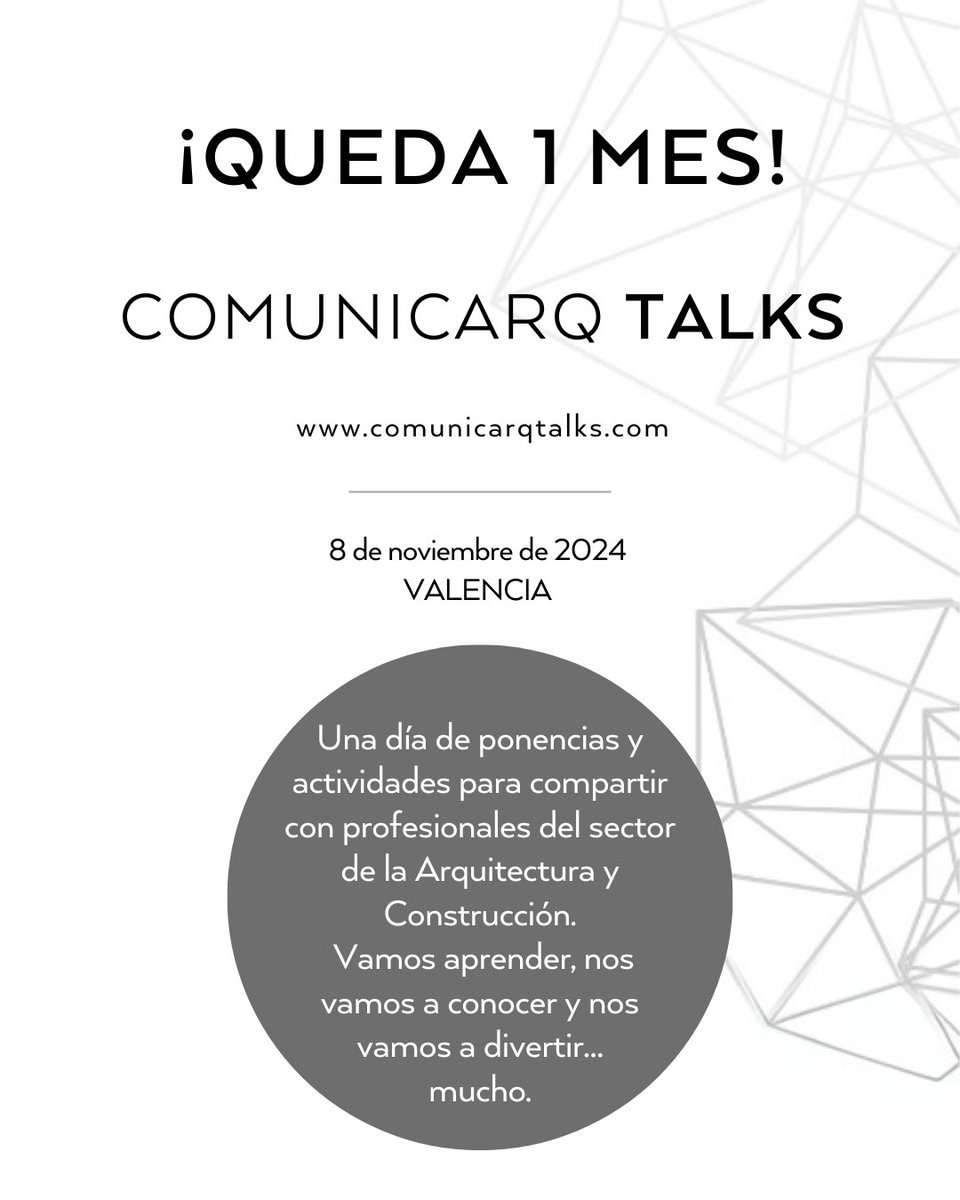¡QUEDA 1 MES! 😱

Apúntate al evento del 8/11 en #Valencia de la comunidad comunicARQ, pilotado por Enrique y Antonio, junto a montón de súper ponentes.

Más información y entradas en comunicarqTalks.com

#evento #podcast #arquitecturatecnica #arquitectura #savethedate