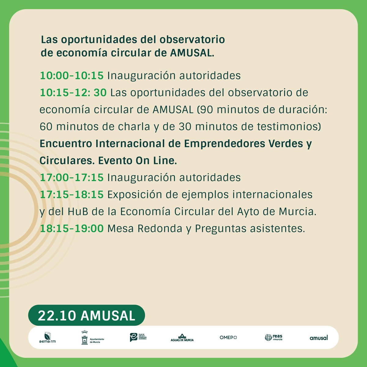II Encuentro de Emprendimiento Verde y Circular de la Región de Murcia🌍
📅 Martes, 22 de octubre
 📍 Sede: AMUSAL (Mañana) &amp; Online (Tarde)
✨ ¡Únete a nosotros e inscríbete gratis en aema-rm.org
#EmprendimientoVerde #EconomíaCircular #Networking #MurciaVerde #AEMArm