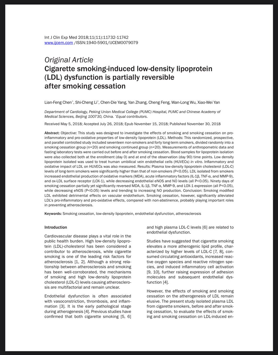 Why smoking is bad for arteries.

“cigarette smoking significantly enhanced the pro-inflammatory and pro-oxidative properties of LDL particles, which decreased by smoking cessation”

These particles are linked with atherosclerosis.

Quitting 🚬 helps.

e-century.us/files/ijcem/11…