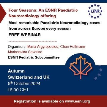 TOMORROW
Four Seasons, second edition: AUTUMN!
Experiences from Switzerland (Dr. Selma Sirin) &amp; United Kingdom (Dr. Ulrike Loebel) 
📆 October 9th at 16:00 CEST.
Info here: buff.ly/4ey8oRw
Free Registration link: buff.ly/4dAy1zN
#Neurorad #pedineurorad