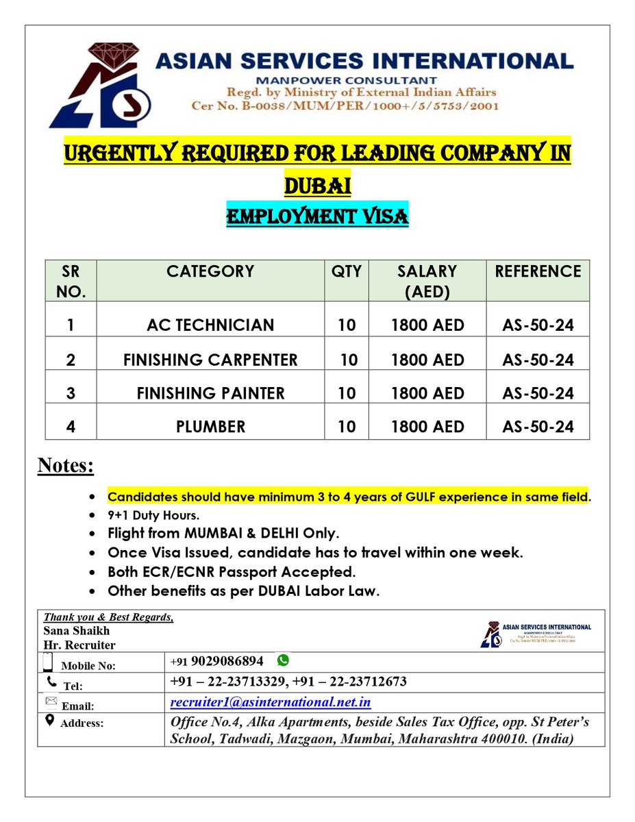 AsianServices3's tweet photo. Job Opportunity in #dubai
Interested candidates can send their updated cv at recruiter1@asinternational.net.in or can directly contact on 090290 86894
#dubai #hiringnow #dubaijobs #dubaihiring #actechnician #finishingcarpenter #finishingpainter #plumber #employmentvisa #hiring https://t.co/5jzh8oIgfW