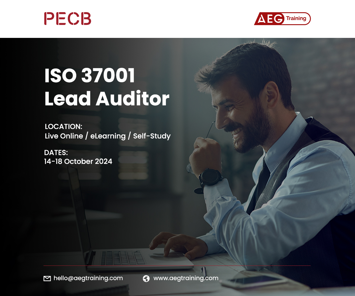 PECB (@pecb) on Twitter photo Join our partner AEG Training on their upcoming ISO 37001 Lead Auditor training course.
For additional information please contact hello@aegtraining.com Join our partner AEG Training on their upcoming ISO 37001 Lead Auditor training course.
For additional information please contact hello@aegtraining.com