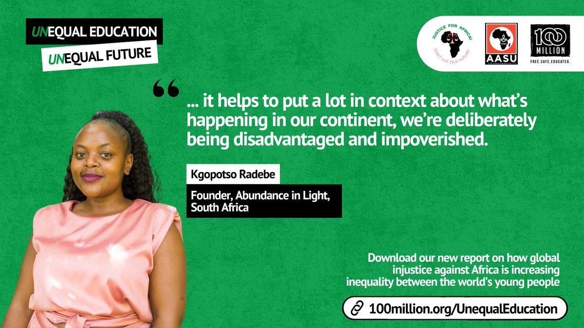 🗣️ "[The report] helps to put a lot in context about what's happening in [Africa]."

The #JusticeForAfrica's Unequal Education, Unequal Future report was shaped by #youthvoices, incl. <a href="/kgopotsoradebe/">🌍Kgopotso Radebe🌻</a>

📢🆕Explore the report: 100million.org/unequaleducati…

#UnequalEducationUnequalFuture