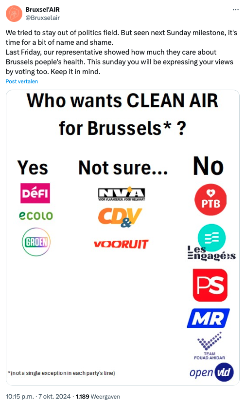 "We try to stay out of politics", seriously <a href="/Bruxselair/">Bruxsel'AIR</a> ? Kijk naar de tijdstippen. Een door de overheid gesubsidieerde vzw die de visual van een <a href="/groenbrussel/">Groen Brussel</a>-kandidaat enkele uren later klakkeloos overneemt?