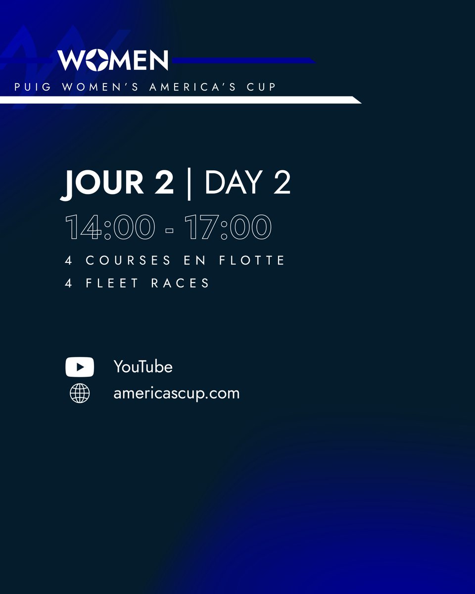 Grosse journée sur la #WomensAmericasCup !
Les 6 équipes du Groupe B disputeront leurs 4 courses du jour à partir de 11h00, puis place au Groupe A à partir de 14h00 avec un premier départ 14h09 🏁
En direct ici 👉 bit.ly/WAC_J2

#OERT #AC37 #AmericasCup