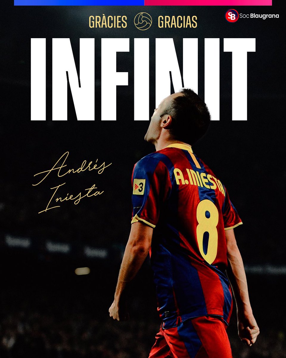 SocBlaugranaFC's tweet photo. 𝐈𝐍𝐅𝐈𝐍𝐈𝐓 𝐈𝐍𝐈𝐄𝐒𝐓𝐀♾️🌟
Llegó el día.
Después de 32 años… Andrés Iniesta, cuelga las botas.
El fútbol tan solo puede decirte una cosa… ¡GRACIAS ANDRÉS!
#EternoIniesta #InfinitIniesta