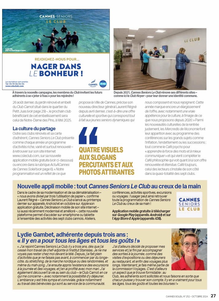 csleclub's tweet image. 📢 &quot;Cannes Seniors Le Club affiche son dynamisme&quot;, pages 26 à 29, dans la dernière édition de Cannes Soleil.

👉 A décourvrir en ligne : issuu.com/cannes/docs/ca…

#CSLC #LeClub #CannesSeniors #Dynamisme #Cannois #Activités #Cannes