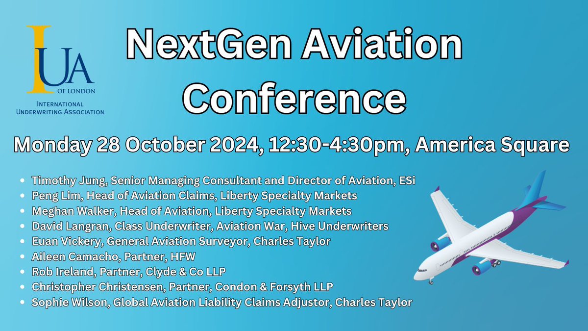 The IUA's NextGen aviation underwriting and claims groups will be hosting a market conference later this month with expert speakers addressing a range of hot topics. Register now for this free event at the IUA website:  buff.ly/3BBfNRu