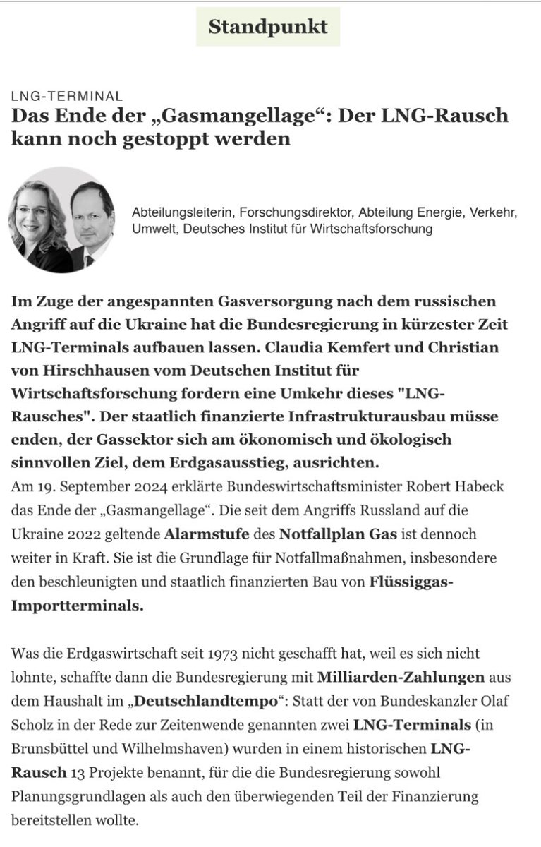 Lisa Badum (@badumlisa) on Twitter photo Heute im <a href="/TspBackgroundEK/">Tagesspiegel Background Energie & Klima</a>: <a href="/CKemfert/">Claudia Kemfert</a> & Christian von Hirschhausen <a href="/DIW_Berlin/">DIW Berlin</a> fordern eine Umkehr des #LNG-Rausches. Der staatlich finanzierte Infrastrukturausbau muss enden und der Gassektor muss sich am ökonomisch & ökologisch sinnvollen #Gasausstieg ausrichten. Heute im <a href="/TspBackgroundEK/">Tagesspiegel Background Energie & Klima</a>: <a href="/CKemfert/">Claudia Kemfert</a> & Christian von Hirschhausen <a href="/DIW_Berlin/">DIW Berlin</a> fordern eine Umkehr des #LNG-Rausches. Der staatlich finanzierte Infrastrukturausbau muss enden und der Gassektor muss sich am ökonomisch & ökologisch sinnvollen #Gasausstieg ausrichten.